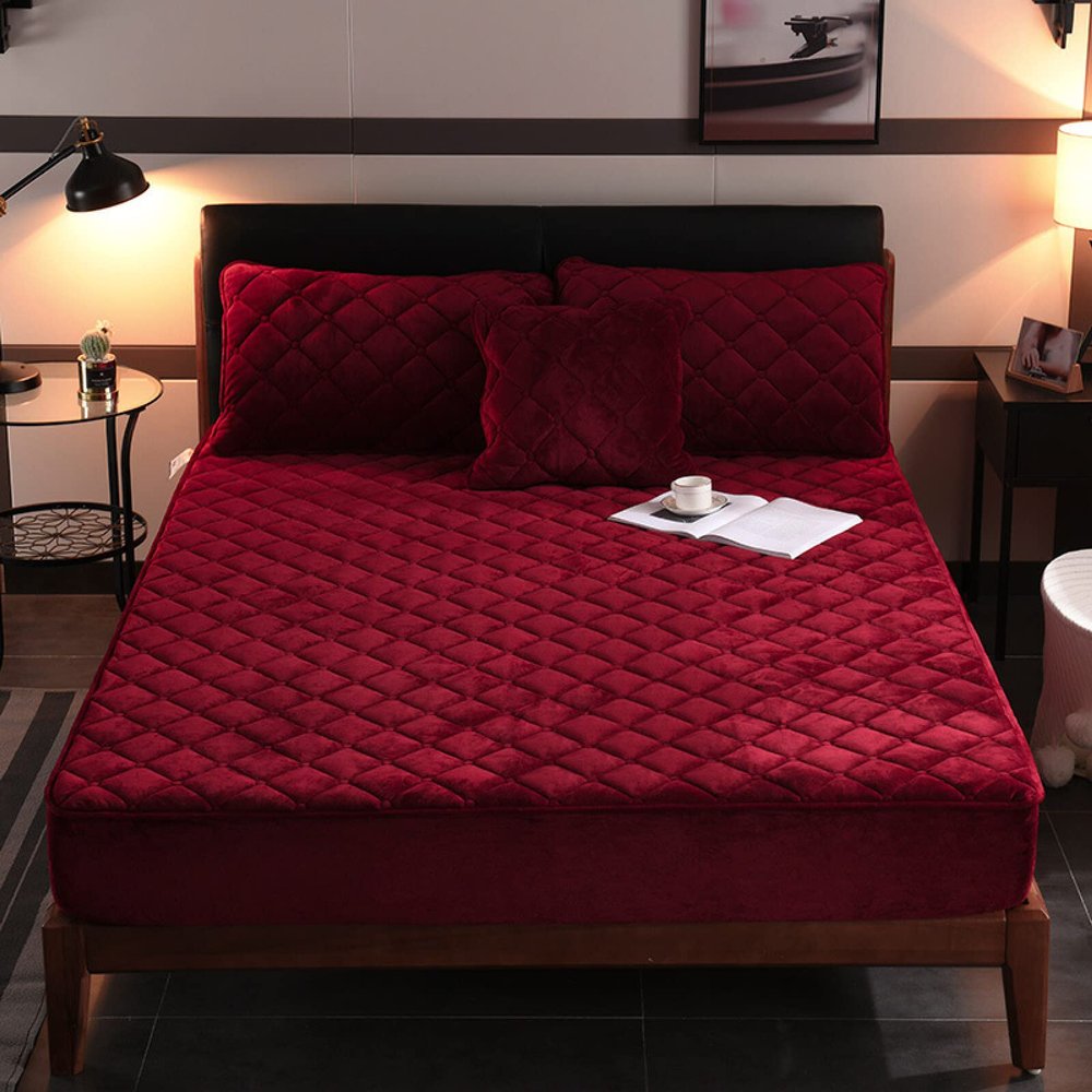 CFYCYHDZHT Bedding Set,Warm Thick Pure Color Crystal Velvet Mattress Protection Cover for Twin, Full, Queen, King Beds Extra Deep Fitted Sheets,Red,180220cm