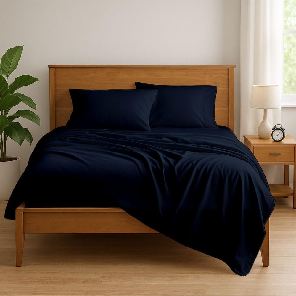 KRISHNA Premium 4 Piece Egyptian Cotton King Sheet Set, Soft, Breathable & Comfy Fully Elasticized Fitted 15" Deep Pocket Bed Sheets, 78" x 80", Navy Blue