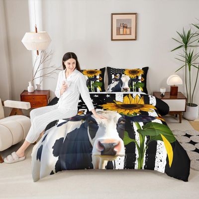 American Flag Comforter Set Queen Size,Sunflower Butterfly Cow Bedding Set 3pcs for Kids Teens Adult Room Decor, Floral Animal Theme Quilt Set Stripes Black White Duvet Insert with 2 Pillowcases