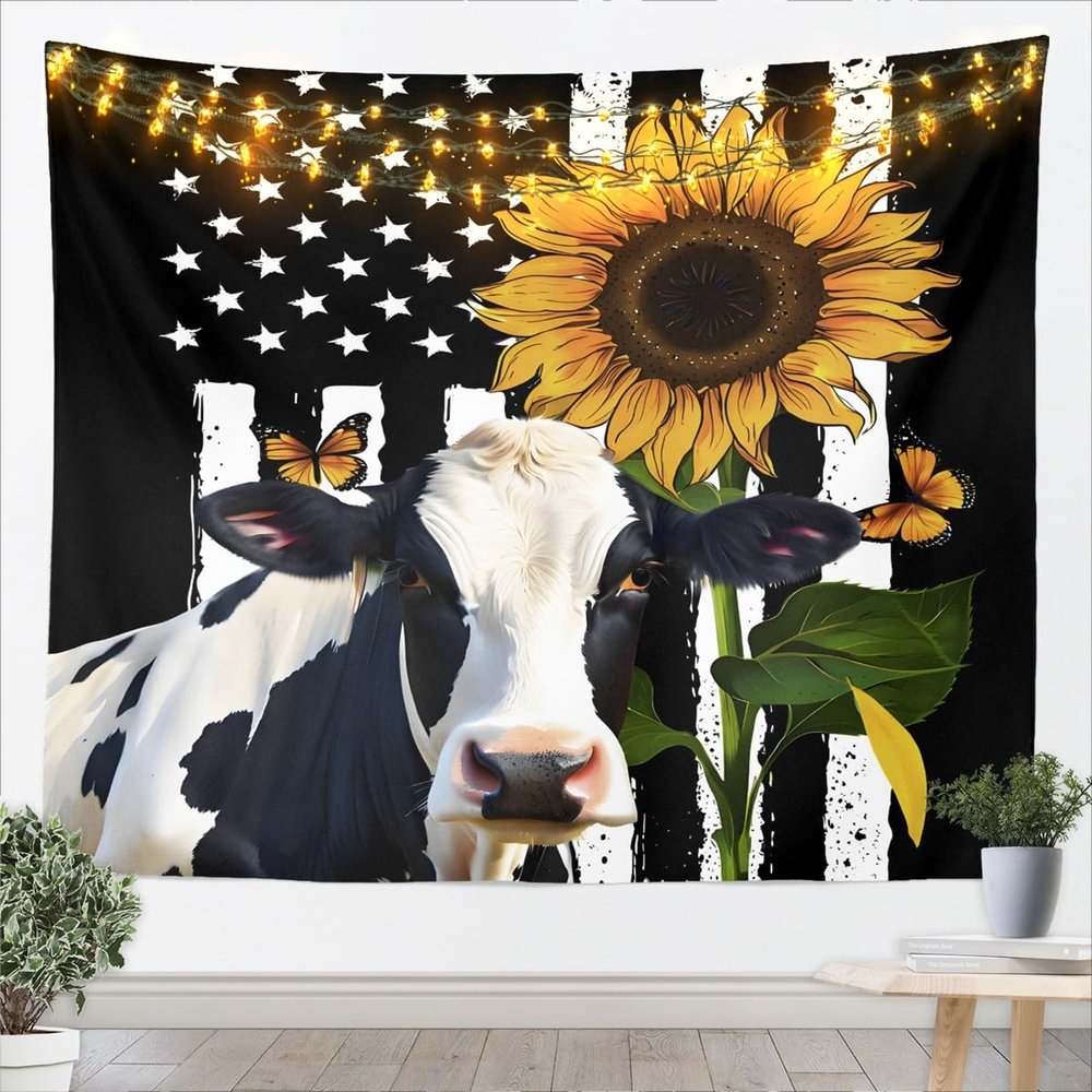 American Flag Tapestry Sunflower Butterfly Cow Wall Hanging for Kids Teens Adult Room Decor,Floral Animal Theme Wall Blanket Tapestries Stripes Black White Wall Art Hanging, Large 59.1 x 82.7 Inches