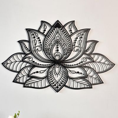Colorfull Worlds Mandala Metal Wall Decor, Lotus Flower Meditation Room Decor, Minimalist Zen Garden Bohemian Gift for New Year (36" x 23" | 91 x 59 cm, Black)