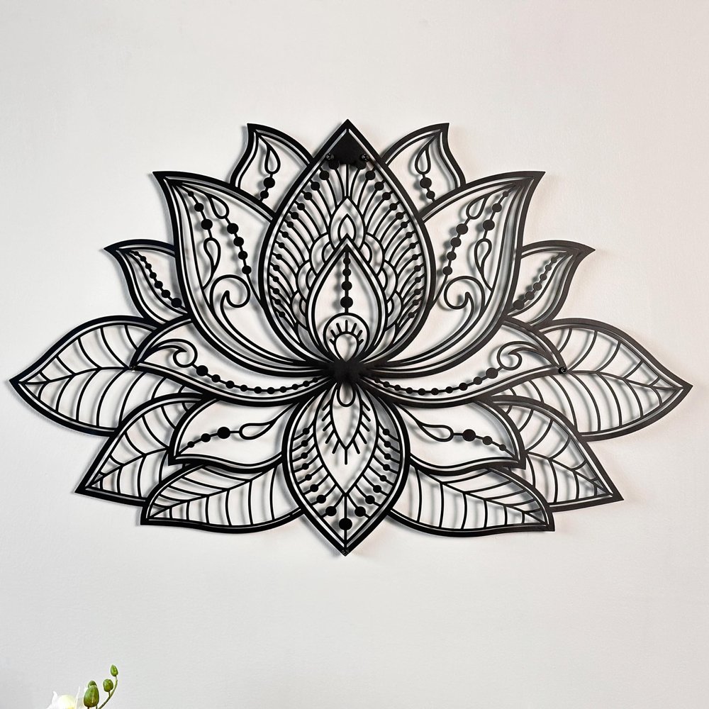 Colorfull Worlds Mandala Metal Wall Decor, Lotus Flower Meditation Room Decor, Minimalist Zen Garden Bohemian Gift for New Year (36" x 23" | 91 x 59 cm, Black)