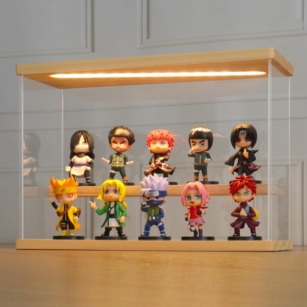 LANSCOERY LED Lighted Acrylic Display Case, 2 Tier Display Box for Collectibles and Action Figures, Clear Dustproof Organizer with Wooden Base  11.8x4.3x7.9inch