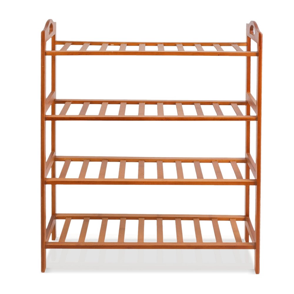 Bamboo Shoe Rack, 4-tier Shoe Shelf with Handle, Open Storage Shelf Organizer, Flower Stand for Entryway, Bathroom, Kitchen, Balcony and Garage, Natural