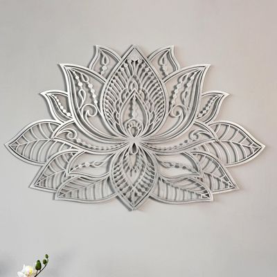 Colorfull Worlds Mandala Metal Wall Decor, Lotus Flower Meditation Room Decor, Minimalist Zen Garden Bohemian Gift for New Year (36" x 23" | 91 x 59 cm, Silver)