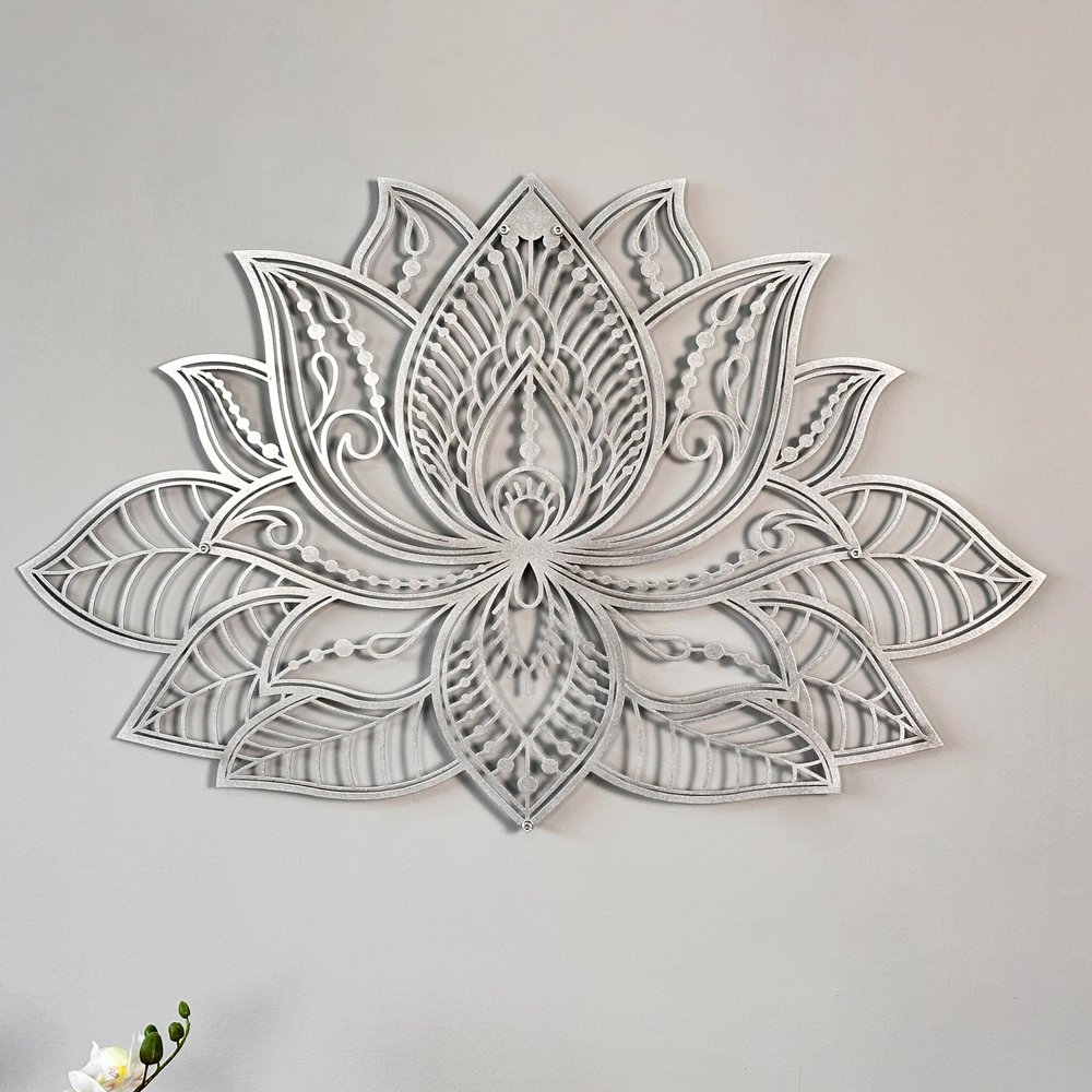 Colorfull Worlds Mandala Metal Wall Decor, Lotus Flower Meditation Room Decor, Minimalist Zen Garden Bohemian Gift for New Year (36" x 23" | 91 x 59 cm, Silver)