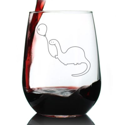 Bevvee Dinosaur With Birthday Balloon - Stemless Wine Glass - Funny Dino Themed Gifts and Decor for Dinosaur Lovers - Large 17 Oz Glass