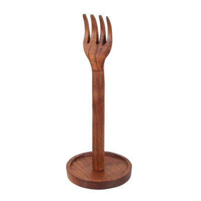 Hand Carved Brown Wood Kitchen Fork Top Countertop Paper Towel Holder Rustic Stand Kitchen Dcor 15.75 Inches High Primitive Accents for Country Counters