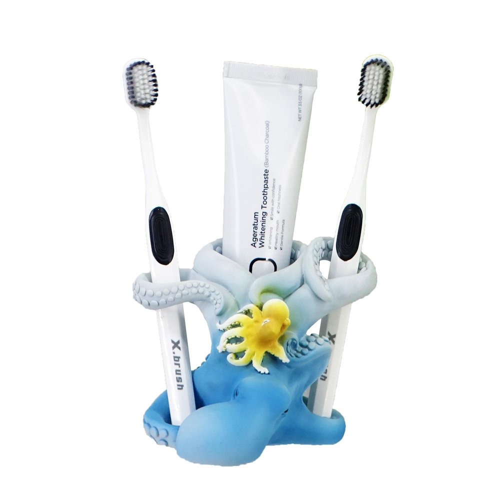 5-inch Octopus Toothbrush Holder - Nautical Resin Organizer for Bathroom, Ocean Blue Mother & Baby Set with Frutiger Aero Style