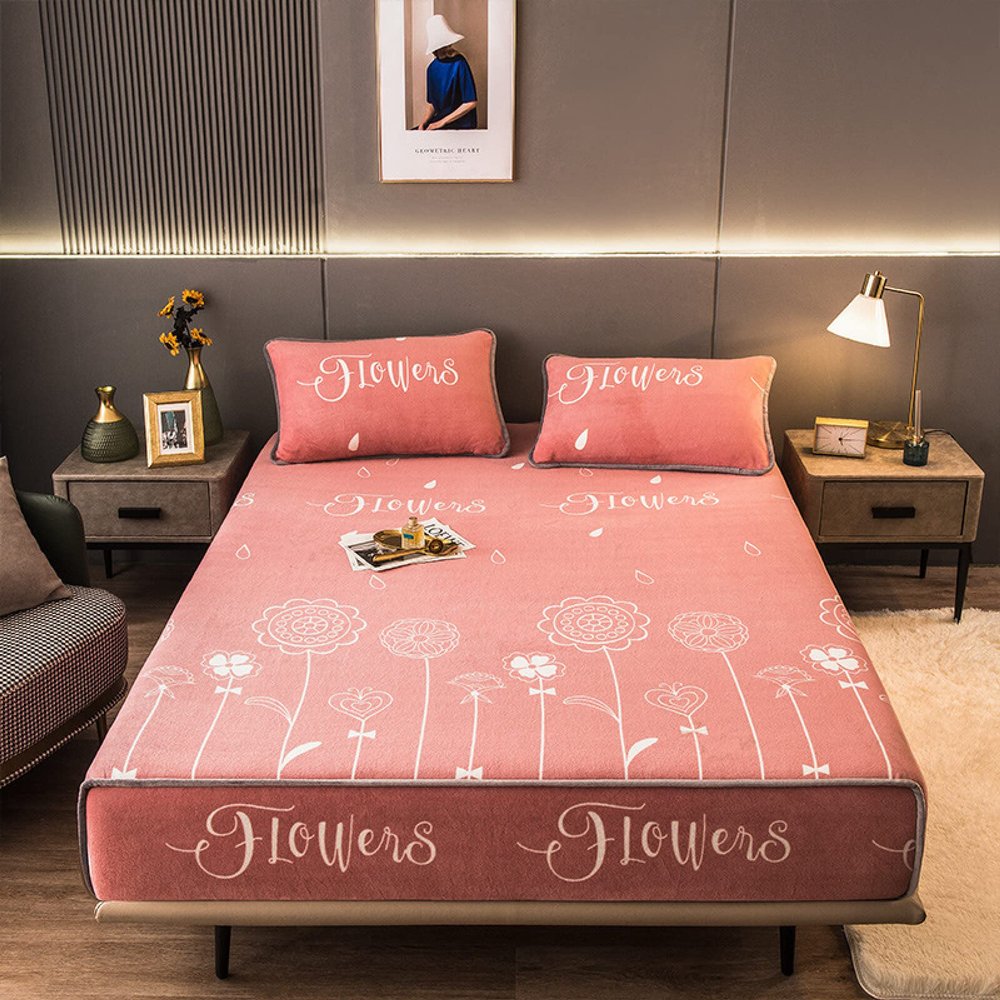 CFYCYHDZHT Bedding Deep Pocket Fitted Sheet,Queen Thick Warm Coral Velvet Bedspread, Children's Room Cartoon Printing Animal Fruit Mattress Protection Cover,Flower,150200cm+30cm