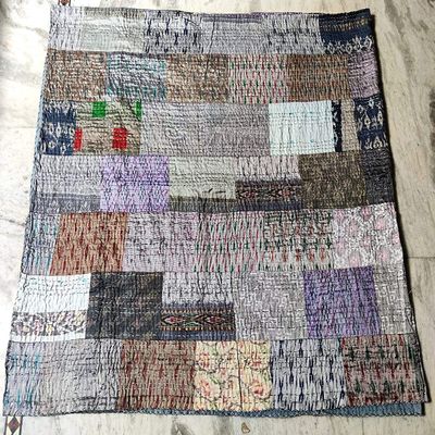 Blanket Bedding Bedspread Bed Kantha Vintage Handmade Silk Patchwork Indian Art Cover India Sari Bohemian Spreads Washed Patola Spread Quilt