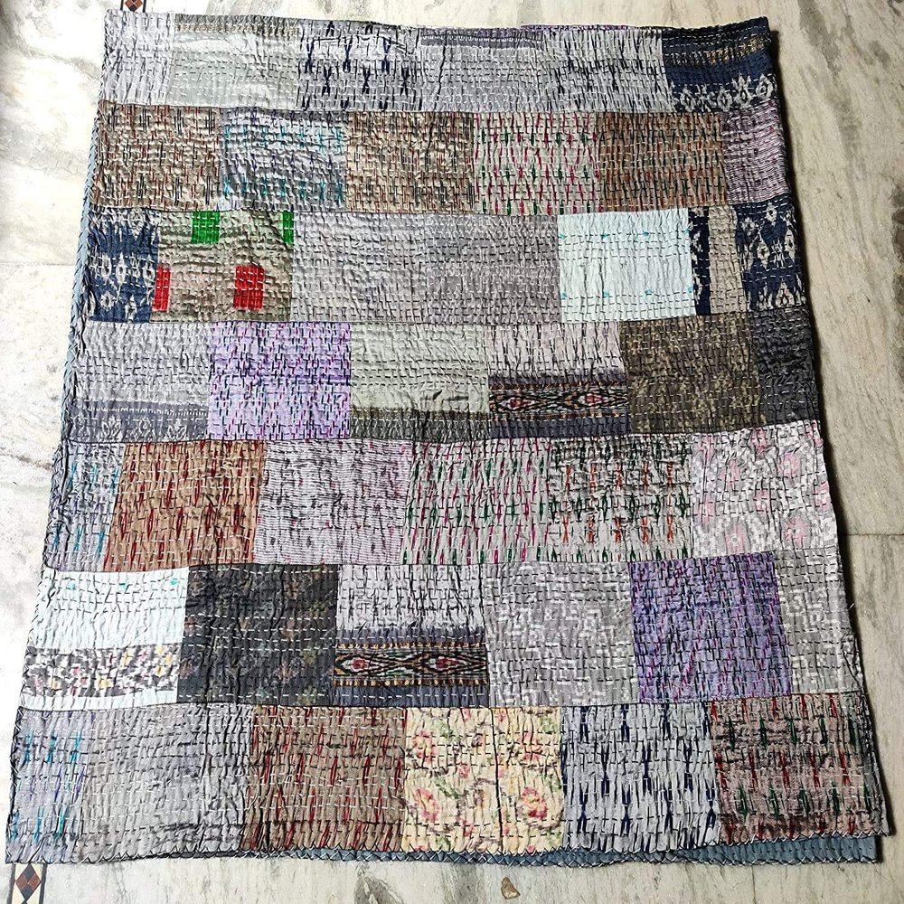 Blanket Bedding Bedspread Bed Kantha Vintage Handmade Silk Patchwork Indian Art Cover India Sari Bohemian Spreads Washed Patola Spread Quilt