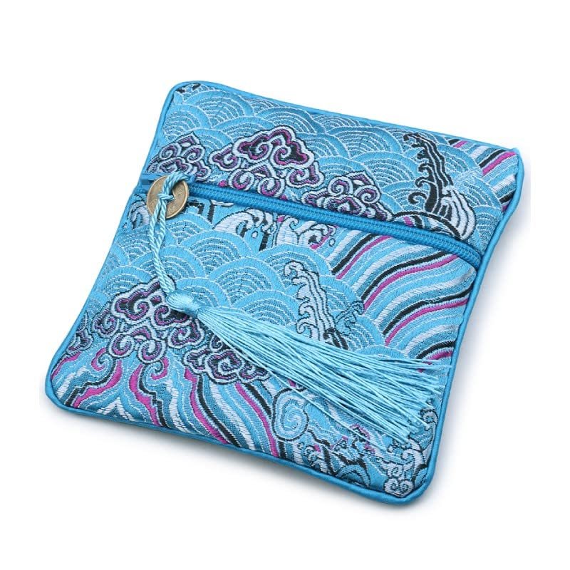 10pcs Square Seawater Silk Brocade Jewelry Pouch Zipper Wedding Favor Bags Tassel Chinese Storage Pouch Party Gift Packaging Bags (sky blue)