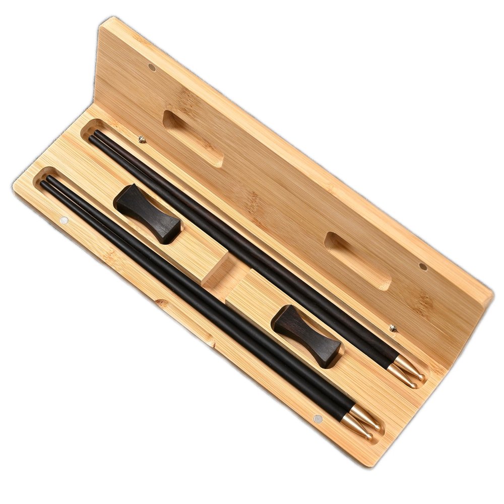 2 Pairs Nature Ebony Wood Chopsticks Reusable-Custom Engraving Names Logos - Round handle Chinese Style - Christmas hat Santa hat Brass Head Christmas Gift Luxury Chopsticks Set With Holder and Box