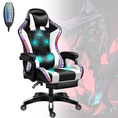 FZYUAN LED Lights Gaming Chair with Speakers, Ergonomic Video Office Chair with Massage, Computer Desk Chair with Headrest and Lumbar Support, College Dorm Essentials for Guys,White