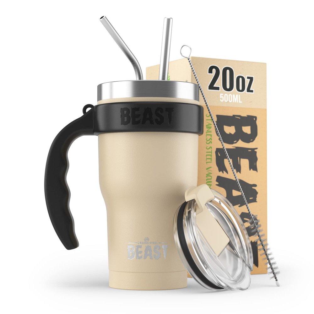 BEAST 20 oz Sand Tumbler Set with Handle - Stainless Steel Coffee Cup + 2 Straws Brush, Gift Box & Black Handle