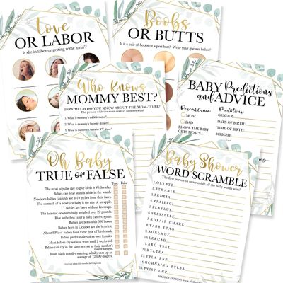 25 Greenery Love or Labor, Boobs Or Baby Butts Game, 25 Who Knows Mommy Best, Baby Prediction And Advice Cards, 25 True Or False, Word Scramble For Baby Shower - 6 Double Sided Cards Baby Shower Ideas