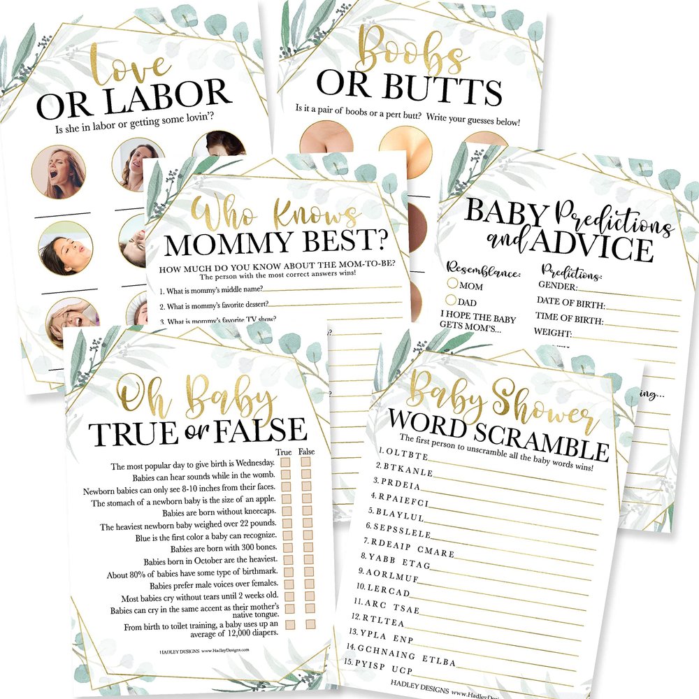 25 Greenery Love or Labor, Boobs Or Baby Butts Game, 25 Who Knows Mommy Best, Baby Prediction And Advice Cards, 25 True Or False, Word Scramble For Baby Shower - 6 Double Sided Cards Baby Shower Ideas