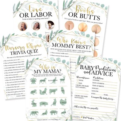 50 Greenery Who Knows Mommy Best, Baby Prediction and Advice Cards etc, 25 Love or Labor, Boobs Or Baby Butts Gender Reveal - 6 Double Sided Cards Baby Shower Games Funny, Baby Shower Party Supplies