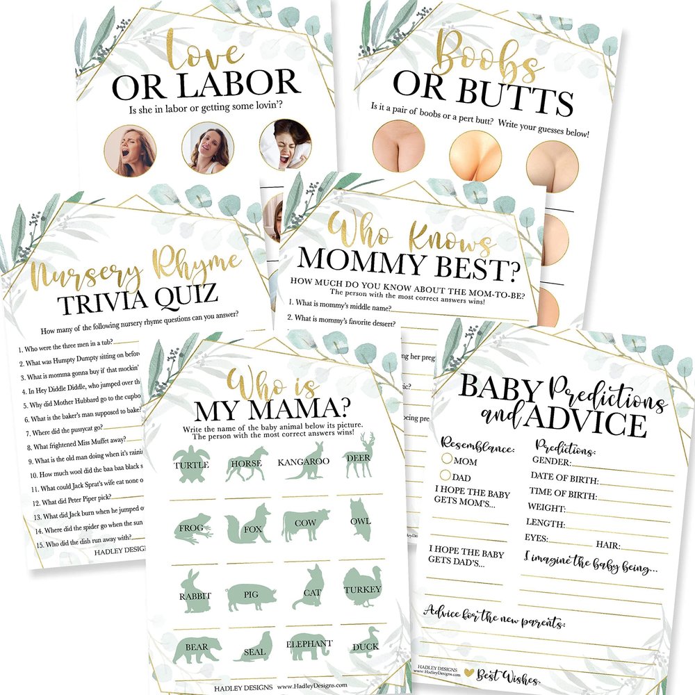 50 Greenery Who Knows Mommy Best, Baby Prediction and Advice Cards etc, 25 Love or Labor, Boobs Or Baby Butts Gender Reveal - 6 Double Sided Cards Baby Shower Games Funny, Baby Shower Party Supplies