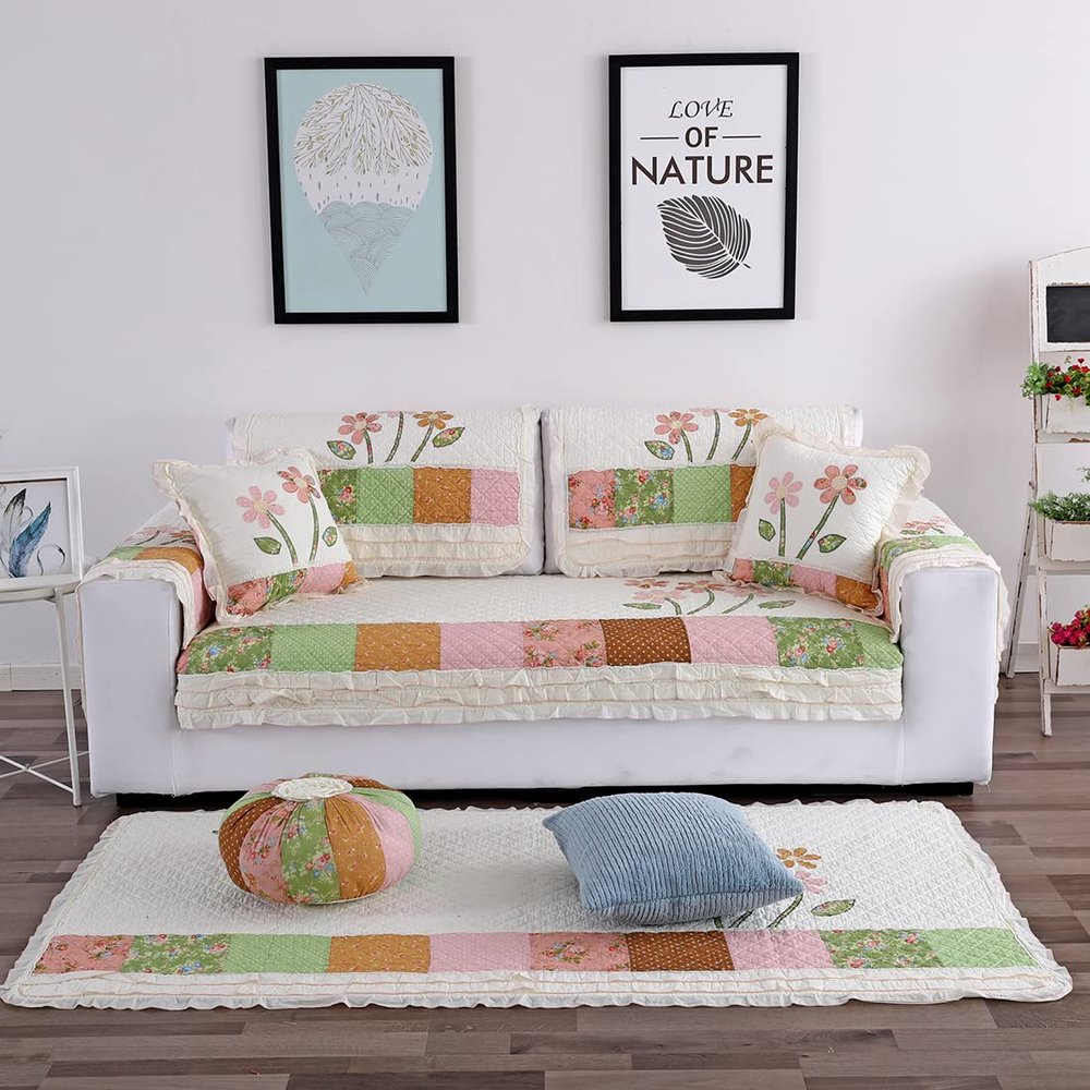 XSlive Geometric Quilted Sofa Cover Floral Patchwork Cotton Couch Slipcover with Ruffle Anti-Slip Furniture Protector Couch Cover for Pets Kids Children Dog,1 Piece/Not All Set (Floral,43"x70")