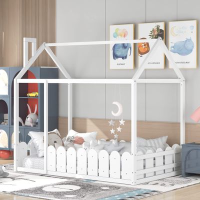 MERITLINE House Bed Wood Twin Bed Playhouse Bed Frame with Roof Twin Size House Bed for Girls Boys Kids, Box Spring Needed (White, Twin)