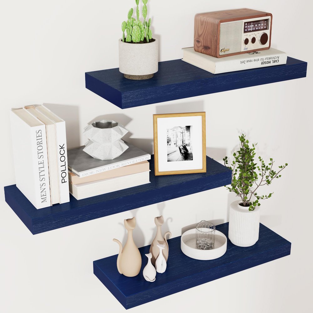 fuqing Blue Floating Shelves for Wall - Wood Wall Shelves Set of 3 - Dark Blue Shelves for Room Decor & Storage in Bedroom Living Room Bathroom Kitchen