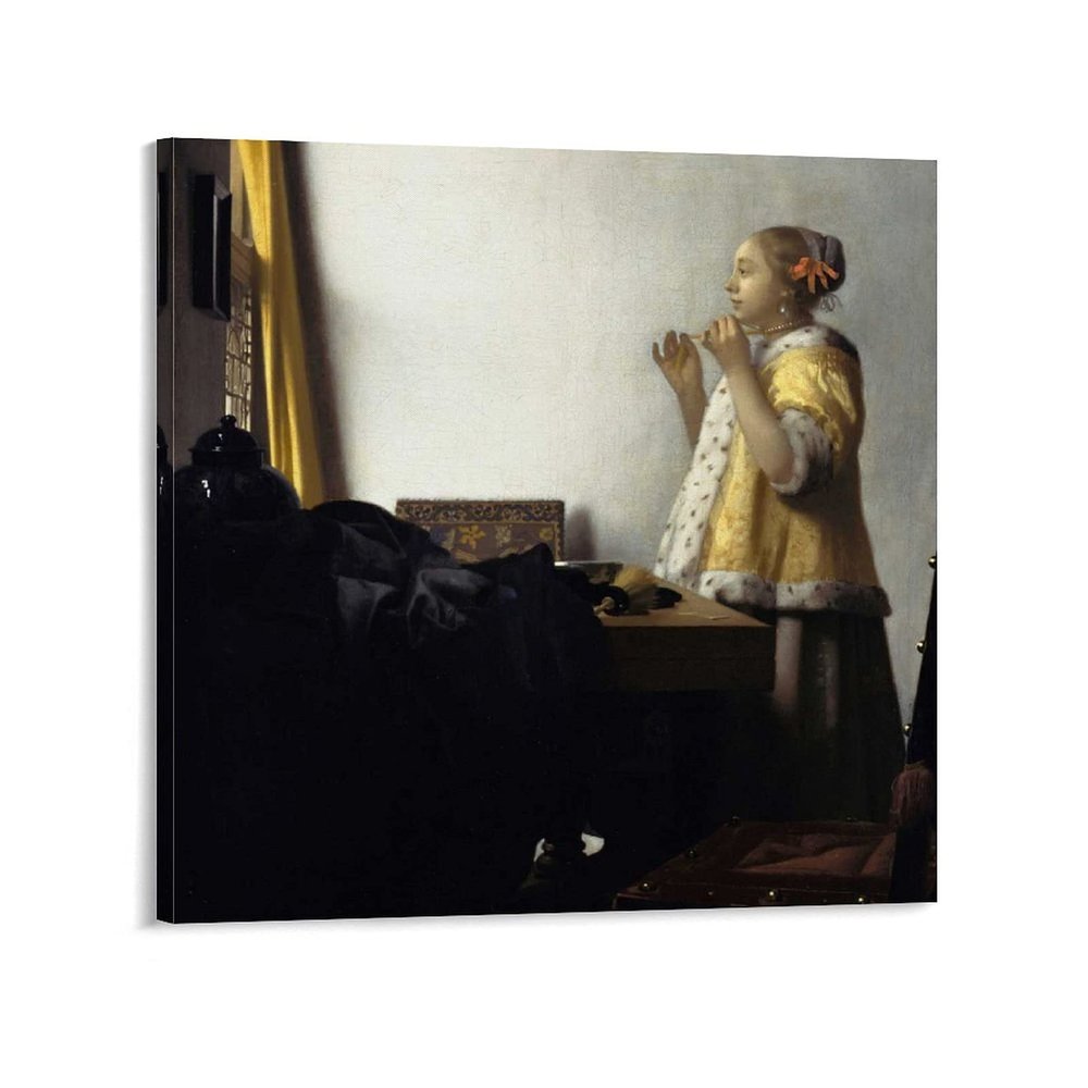 11 Masterpieces by Johannes Vermeer - Young Woman with A Pearl Necklace Edit This at Wikidata Canvas Art Poster and Wall Art Picture Print Modern Family Bedroom Decor Posters 28x28inch(70x70cm)