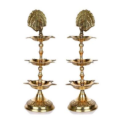 phareLamp Presents Handmade Indian Brass Panchmahal Diya Lamp Engraved 3 in 1 Adjustable Dia (Set of 2) #A069
