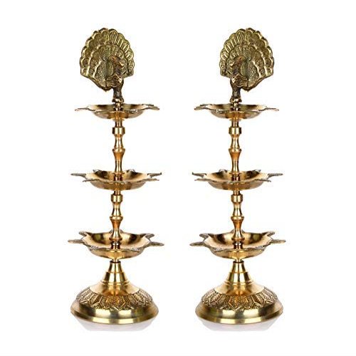 phareLamp Presents Handmade Indian Brass Panchmahal Diya Lamp Engraved 3 in 1 Adjustable Dia (Set of 2) #A069