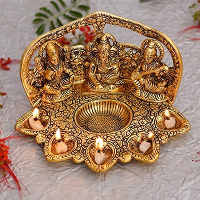 phareLamp Presents Laxmi Ganesh Saraswati Idol Diya Oil Lamp Deepak - Metal Lakshmi Ganesha Showpiece Statue - Traditional Diya for Diwali Puja - Diwali Home Decoration #A164