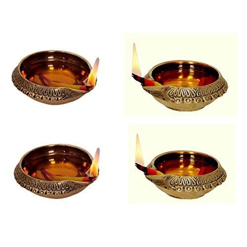 Aport Home phareLamp Presents Handmade Indian Puja Brass Oil Lamp Deepak Engraved Design Diya - 3 Inch (Set of 4) (Height: 1.2 Inch) #A093