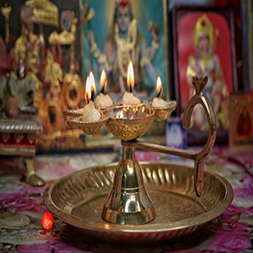 phareLamp Presents Pure Brass Perfect Grip Handle Panch Arti Diya/Deepak with Divine Finish with 1 Big Batti Diya,Deepak Set for Puja and Diwali Home Decoration, Aarti #A209