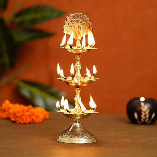 phareLamp Presents Premium Handmade Indian Brass Panch Mahal Diya Lamp Engraved 3 in 1 Adjustable Dia- 8.50 in #A171