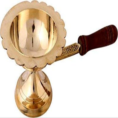 Aport Home phareLamp Presents Brass Dhoopdiya | Oil/Ghee Lamp | Puja Diya with Long Wooden Handle for Grip and Safety #A061