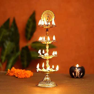 phareLamp Presents Premium Handmade Indian Brass Panch Mahal Diya Lamp Engraved 4 in 1 Adjustable Dia- 10.50 in #A143