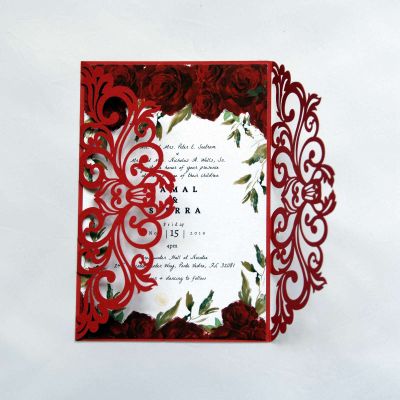 25PCS Red Laser Cut Wedding Invitations Cards with Envelopes,Blank Inner Sheets,Ribbons for Wedding Bridal Shower Quinceaera Engagement Birthday Invites