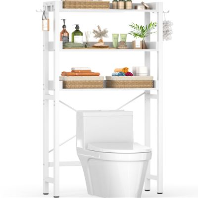 Ecoprsio Over-The-Toilet Storage Rack, 3-Tier Bathroom Organizer Shelf Over Toilet, Freestanding Space Saver Toilet Stands with 4 Hooks, White