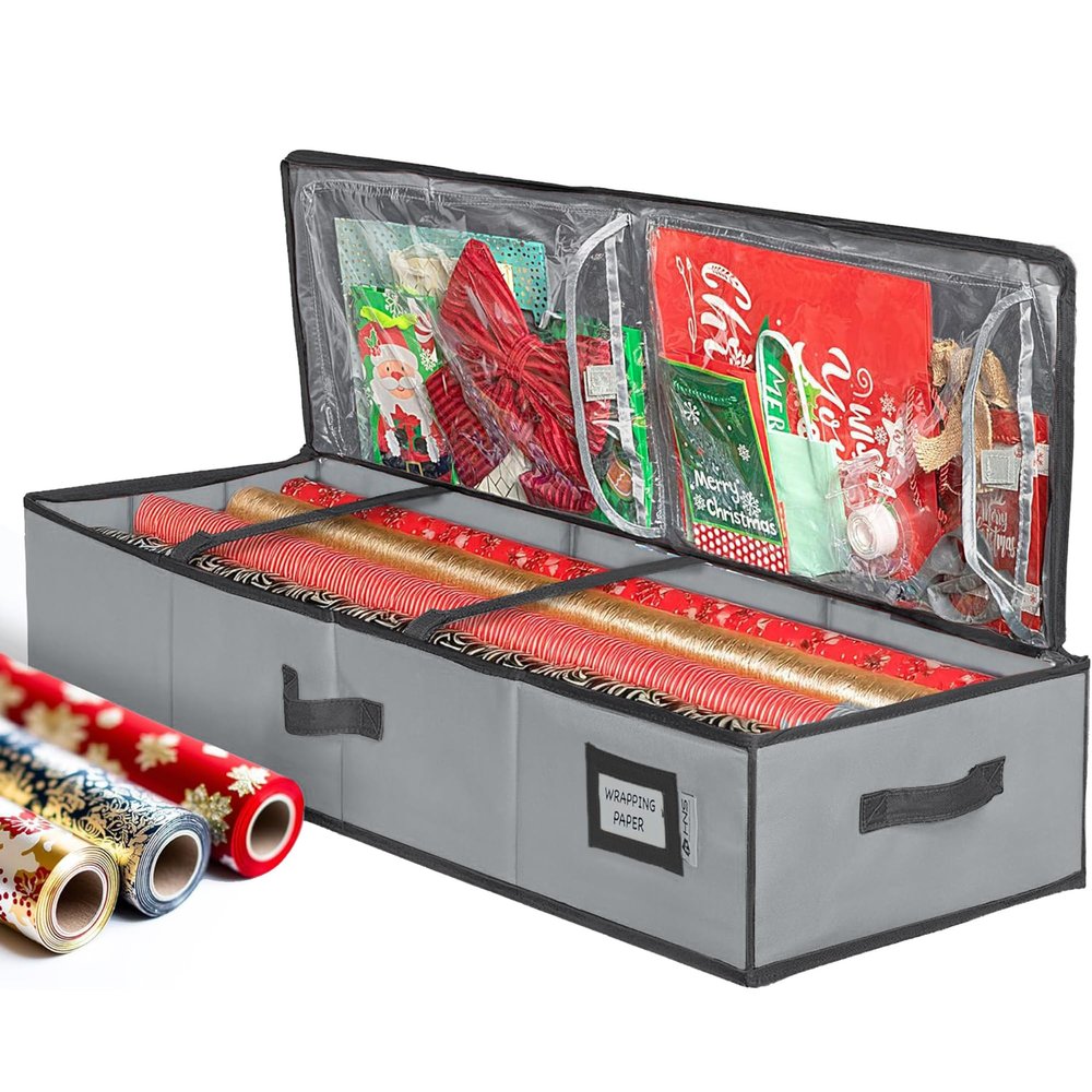 HOLDN STORAGE Premium Wrapping Paper Storage Container - Durable 600D Tear-Proof, Fits 27 Rolls Gift Wrap, Extra Pockets for Ribbons & Bows, Underbed Storage - Ideal for Holiday Christmas, Gray