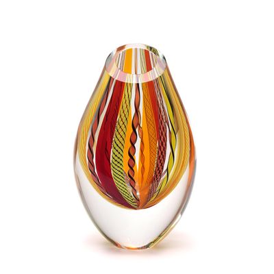 Ca D Oro Drop Glass Vase Boho with Red/Yellow Canes Hand Blown Murano-Style Art Glass - Model Low