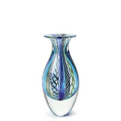 Ca D Oro Small Glass Vase Boho with Blue/Green Canes Hand Blown Murano-Style Art Glass - Model N 2