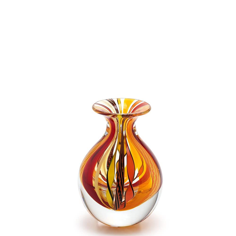 Ca D Oro Small Glass Vase Boho with Red/Yellow Canes Hand Blown Murano-Style Art Glass - Model N 3
