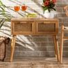 Baxton Studio Falan Mid-Century Modern Oak Brown Finished Wood 2-Drawer Console Table with Rattan view 2