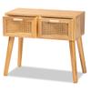 Baxton Studio Falan Mid-Century Modern Oak Brown Finished Wood 2-Drawer Console Table with Rattan view 4