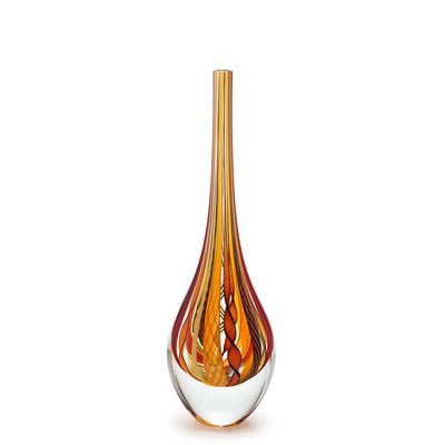 Ca D Oro Small Drop Glass Vase Boho with Red/Yellow Canes Hand Blown Murano-Style Art Glass - Model Tall