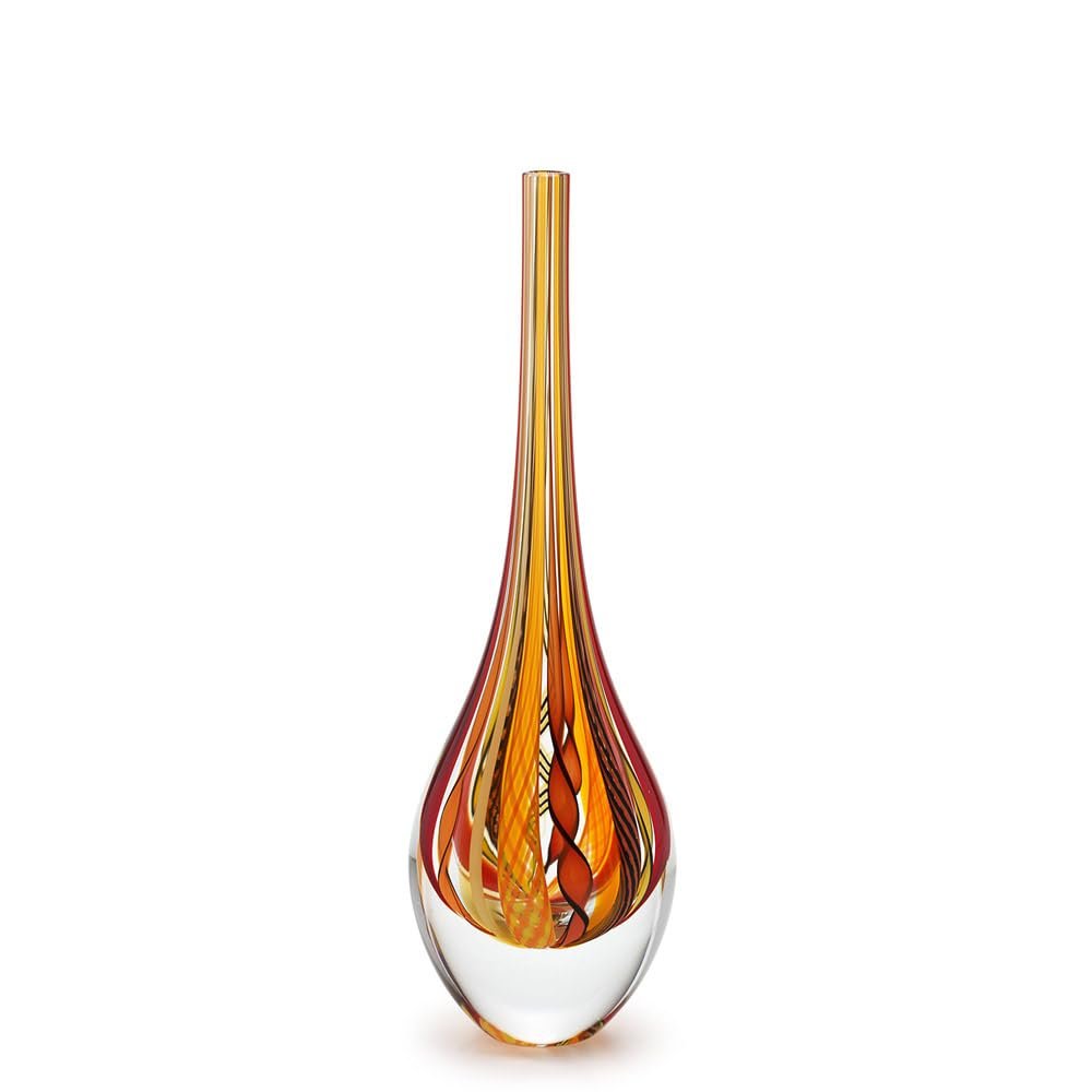 Ca D Oro Small Drop Glass Vase Boho with Red/Yellow Canes Hand Blown Murano-Style Art Glass - Model Tall