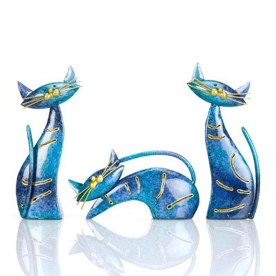 Aayla Cat Statues  Set of 3 Small Blue Aqua Cats Figurine Adorable Kitty Gift for Cat Lovers, Home Kitchen Decoration (8.5" H Blue)