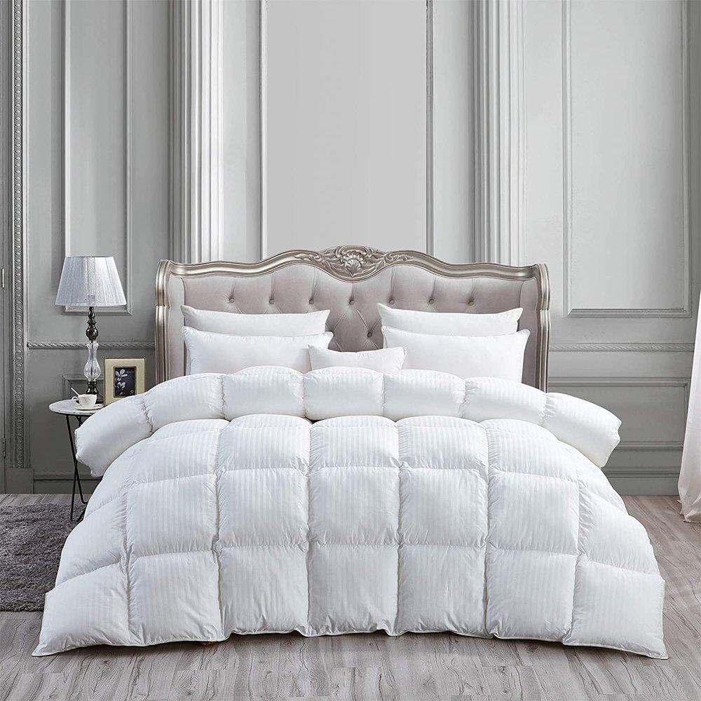 9.8 Newton Super Sale 1000-TC Down White Striped Comforter- 1-Piece All-Season Duvet Insert,500 GSM Micro Fill All Side Corner Tie 100% Egyptian Cotton (Grand King Size (106" x 106"), White Striped)