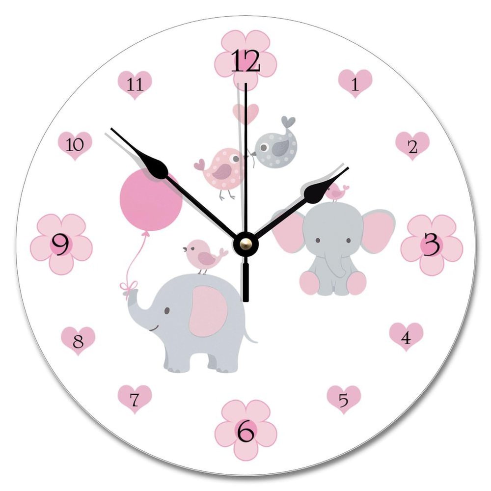 ArogGeld Elephant Pink Grey Gray Wall Clock Baby Girl Nursery Wood 10 Inch Silent Non-Ticking Wooden Clocks Battery Operated Living Room Bedroom Kitchen Farmhouse Decor Christmas Birthday Gift
