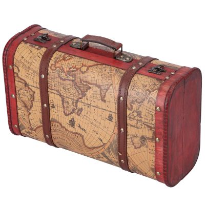 Sutinna Vintage Suitcase, Decorative Treasure Wooden Trunk Antique Leather Suitcase Storage Box Map Portable Nostalgic Storage Box Collection Ornaments